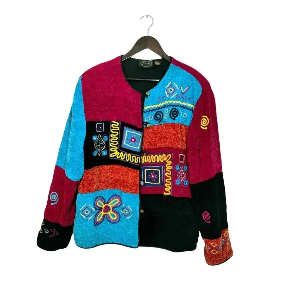 Julia Kim Vintage  Color Block Embroidered Multicolor‎ Patchwork Artsy Jacket L